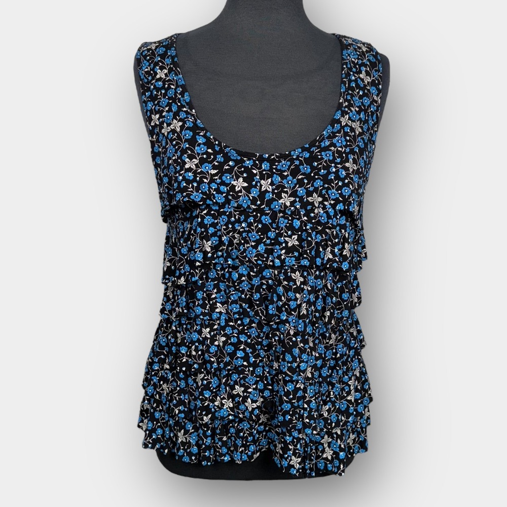 Papillon Women's Sleeveless Floral Tiered Top M Blue Black